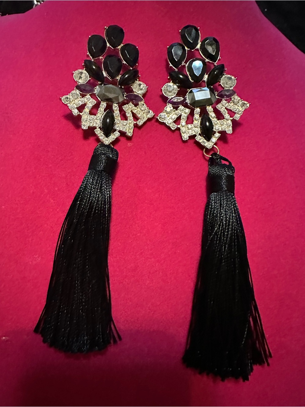 DRAMATIC Black Tassel STATEMENT Earrings with Crystal Accents Post Back